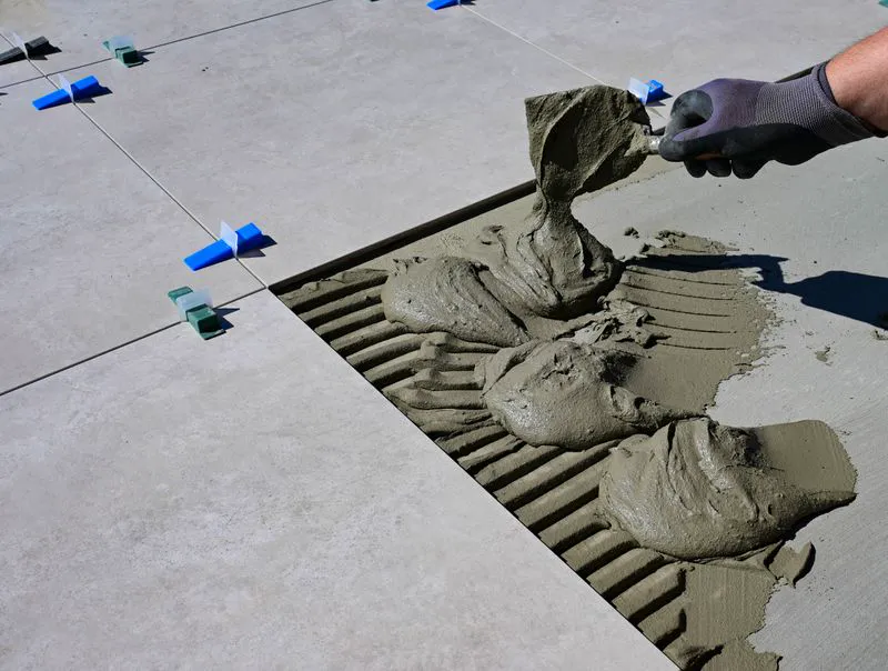 Gloved hand applying mortar for ceramic tile installation