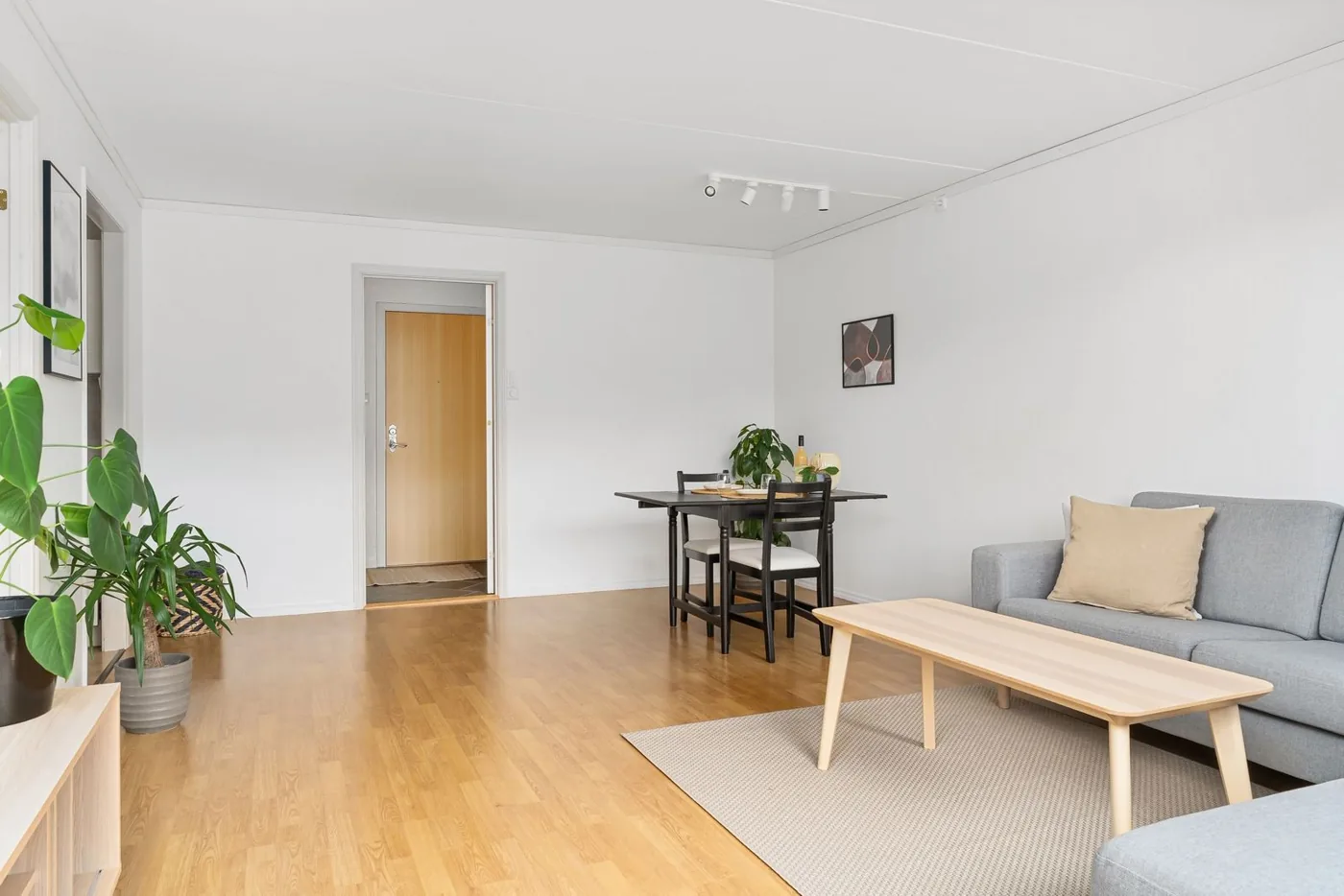 Finished living area with light wood-look plank flooring running through adjoining rooms
