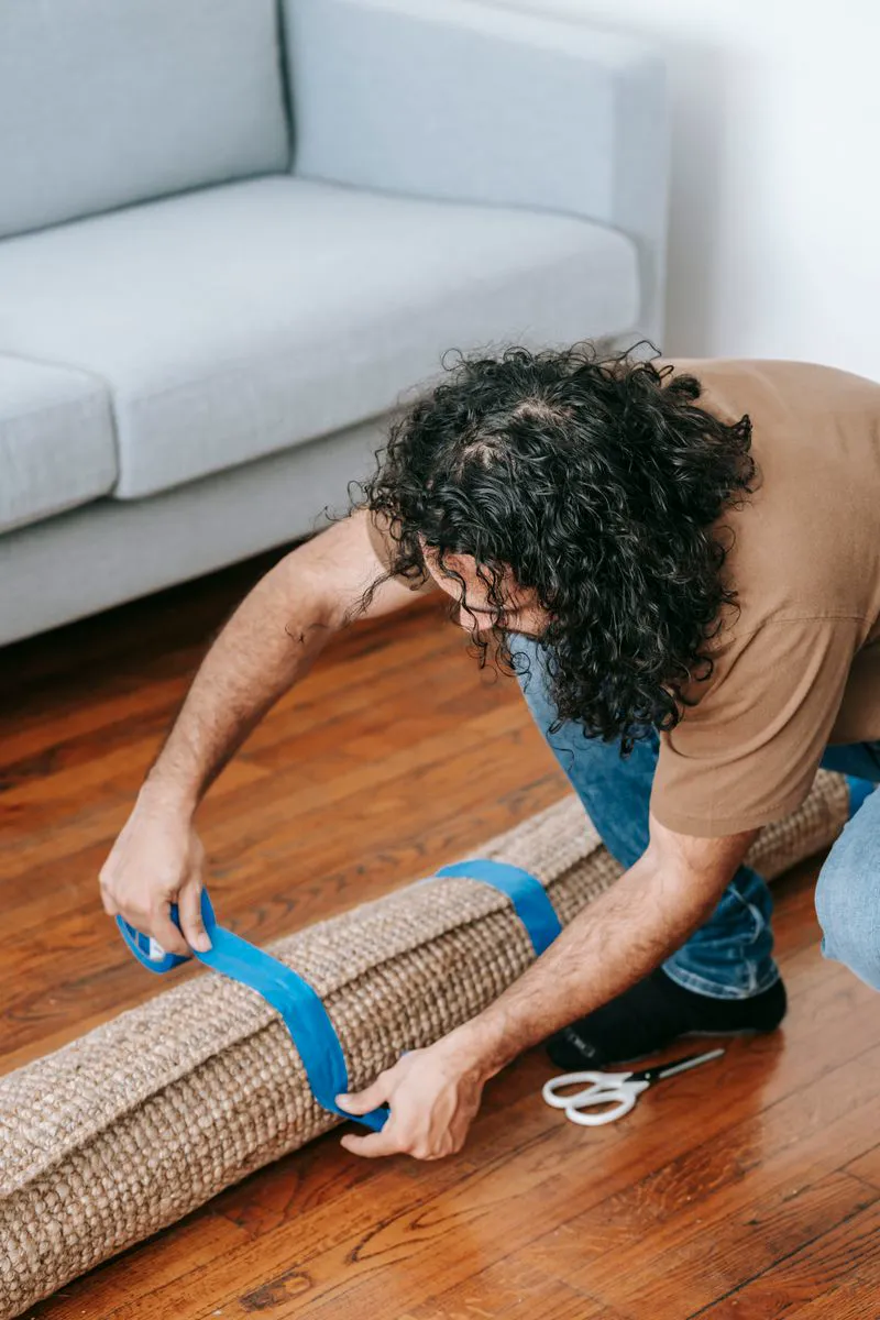 Illustrative example of rolled carpet being installed in a residential room